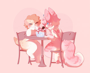 anthro beak blush chair cheek_tuft dessert drinking_straw duo eyebrows eyelashes facial_tuft feathered_wings feathers female female/female food fur furniture hair half-closed_eyes ice_cream looking_at_another multicolored_body multicolored_fur narrowed_eyes nude on_chair pawpads paws pink_pawpads raised_eyebrows short_hair simple_background sitting sitting_on_chair table tail tuft wings shiones mango_(mangobird) shurya dasyurid dasyuromorph mammal marsupial tasmanian_devil teacup_gryphon colored digital_drawing_(artwork) digital_media_(artwork) hi_res shaded
