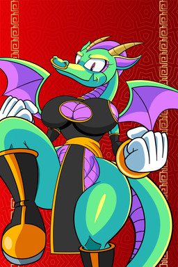 anthro asian_clothing black_and_gold breasts chinese_clothing chinese_dress cleavage cleavage_cutout clothed clothing cutout dress east_asian_clothing facial_piercing female gloves green_body green_skin handwear head_crest horn huge_thighs long_neck no_underwear nose_piercing nose_ring pantsless piercing red_eyes ring_piercing snout solo tail tall_boots thick_thighs white_clothing white_gloves white_handwear wings mobian_monster mythology dulcy_(sonic_satam) dragon mythological_creature mythological_scalie scalie absurd_res hi_res