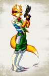 abstract_background absurd_res anthro blaster boots canid canine canis clothed clothing dipstick_tail footwear fox fox_mccloud fur green_eyes gun hi_res holding_object holding_weapon holster kerchief male mammal markings nintendo orange_body orange_fur ranged_weapon shoes solo star_fox sum5hadow tail tail_markings weapon white_body white_fur