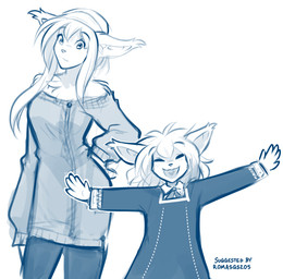 5_fingers aged_down anthro biped bottomwear breasts chest_tuft clothed clothed_anthro clothed_female clothing cosplay dress duo eyes_closed female fingers front_view fully_clothed fully_clothed_anthro fully_clothed_female fur hair looking_at_viewer open_mouth open_smile simple_background smile standing topwear tuft white_background young young_anthro young_female conditional_dnp tom_fischbach spy_x_family twokinds anya_forger king_adelaide madelyn_adelaide yor_forger basitin mammal 2025 blue_and_white digital_drawing_(artwork) digital_media_(artwork) hi_res monochrome sketch daughter_(lore) mother_(lore) mother_and_child_(lore) mother_and_daughter_(lore) parent_(lore) parent_and_child_(lore) parent_and_daughter_(lore)
