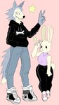 anthro big_ears biped black_bottomwear black_clothing black_pants bottomwear breasts claws clothed clothed_anthro clothed_female clothed_male clothing duo fangs female female_anthro fur gesture grey_body grey_clothing grey_ears grey_fur grey_tail hand_gesture hoodie long_ears male male_anthro multicolored_ears pants paws pink_background pink_clothing pink_ears purple_clothing shirt simple_background smile tail teeth topwear two_tone_ears v_sign white_body white_clothing white_ears white_fur white_tail puppkittyfan1 beastars haru_(beastars) legoshi_(beastars) canid canine canis domestic_rabbit dwarf_rabbit lagomorph leporid mammal oryctolagus rabbit wolf 9:16 hi_res