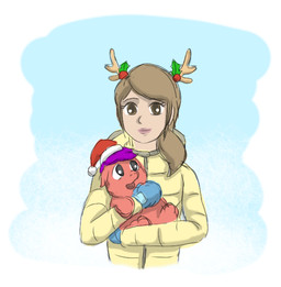 ambiguous_feral ambiguous_gender black_eyes blue_clothing blue_gloves blue_handwear brown_eyes brown_hair christmas_clothing christmas_headwear clothing coat duo eyelashes feral front_view fur gloves hair handwear happy hat headgear headwear holding_another holidays looking_up_at_another mouth_closed open_mouth purple_hair red_body red_fur santa_hat sky smile topwear yellow_clothing yellow_coat yellow_topwear young young_ambiguous young_feral carpdime christmas fluffy_pony becky_(carpdime) ruby_(carpdime) fluffy_pony_(species) mammal digital_media_(artwork) shaded