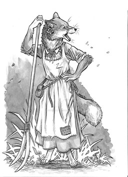 accessory anthro apron arm_tuft bag barefoot claws clothing collared_shirt fangs feet female flower flower_in_hair grass hair hair_accessory inner_ear_fluff leaning_on_object looking_away neck_tuft open_mouth patch_(fabric) pitchfork plant satchel shirt solo standing tail teeth teeth_showing toe_claws tools topwear tuft whiskers justcallmemrm grimshire fan_character canid canine fox mammal monochrome