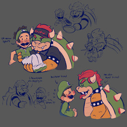 2_horns 4_fingers 5_fingers alternate_species anthro armband belt belt_buckle bent_arm black_clothing black_eyes black_headwear black_shirt black_topwear black_visor_cap blue_armband blue_belt blue_bracelet blue_clothing blue_eyes blue_facial_hair blue_line_art blue_mustache blue_overalls blush blush_lines blushing_profusely bodily_fluids bottomwear bracelet buckle carrying_another carrying_partner cheek_tuft clothed clothed_anthro clothed_human clothed_male clothing collar curved_horn directional_arrow dot_eyes duo eyebrows eyes_closed facial_hair facial_tuft fangs fingers fist footwear frown fully_clothed fully_clothed_human fully_clothed_male gesture gloves green_clothing green_shell green_shirt green_topwear grey_background grey_clothing grey_gloves grey_handwear hair hand_gesture handwear hat headgear headwear holding_frying_pan horn jewelry king larger_anthro larger_male lips male male/male male_anthro male_human markings mustache nervous nervous_smile nervous_sweat nose_blush open_frown open_mouth open_smile overalls pants pointing pointing_at_another puckered_lips question_mark red_eyebrows red_hair royalty scales shell shirt shoes short_hair simple_background simple_eyes size_difference smaller_human smaller_male smile spiked_armband spiked_collar spiked_shell spikes spikes_(anatomy) sweat talking_to_another talking_to_partner tan_body tan_horn tan_lips tan_skin tan_spikes teeth text thick_eyebrows topwear tuft visor_cap whisker_markings white_bottomwear white_clothing white_footwear white_pants white_shoes worried_look yellow_body yellow_scales zipper didy414 hasn't_kissed_anyone_ever_vs_expecting_a_kiss_with_tongue_(meme) mario_bros mario_golf mario_golf:_super_rush nintendo super_mario_3d_world bowser luigi meowser felid feline human koopa mammal scalie 1:1 2025 colored_line_art digital_drawing_(artwork) digital_media_(artwork) english_description english_text hi_res meme sketch_page