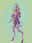 animal_genitalia animal_genitalia_on_humanoid balls big_breasts breasts clothing digitigrade fully_sheathed genitals green_background gynomorph hooves intersex legwear nipple_piercing nipples piercing purple_body purple_skin sheath simple_background solo standing thigh_highs touching_breast santafire blizzard_entertainment warcraft draenei humanoid hi_res