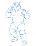 anthro boots clothed clothing footwear male muscular muscular_anthro muscular_male navel nipples shoes solo topless wrestling_briefs shiba-kenta kenta_shiba_(character) canid canine canis domestic_dog mammal shiba_inu spitz 4:5 blue_and_white monochrome