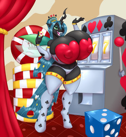 anthro big_breasts breasts casino clothing d6 dice female hooves huge_breasts hyper hyper_breasts open_mouth open_smile poker_chip sharp_teeth slot_machine smile solo teeth unguligrade blues64 friendship_is_magic hasbro my_little_pony queen_chrysalis_(mlp) arthropod changeling_(mlp) absurd_res hi_res