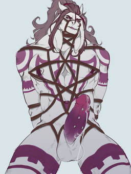 2_horns abs anthro areola balls bdsm big_muscles bodily_fluids bondage bound brown_rope erection front_view fur genital_fluids genital_piercing genitals hair hands_behind_back horn humanoid_genitalia humanoid_penis long_ears long_hair looking_at_viewer male markings muscular navel nipples nude pecs penis penis_piercing piercing ponytail precum purple_markings purple_penis restraints rope rope_bondage rope_harness simple_background snout solo white_areola white_background white_body white_fur white_nipples maison_6 bovid caprine goat mammal 3:4 colored digital_drawing_(artwork) digital_media_(artwork) hi_res
