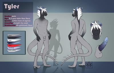 2_horns 3_toes 5_fingers abs animal_genitalia anthro balls biped blue_horn blue_penis butt claws color_swatch digitigrade erection feet finger_claws fingers front_view fully_sheathed genitals glans gradient_horn gradient_penis grey_background grey_body hair horn logo looking_at_viewer male mane markings mouth_closed narrowed_eyes navel non-mammal_balls non-mammal_navel nude pecs penis rear_view red_eyes ridged_penis sheath short_hair silhouette simple_background snout snout_from_the_front solo standing stated_gender stated_sexuality striped_markings stripes tail tail_spines tapering_penis tapering_tail text toe_claws toes wavy_horn white_claws white_hair white_mane jadedragoness european_mythology mythology tyler_(jadedragoness) dragon mythological_creature mythological_scalie scalie western_dragon wingless_dragon 2020 artist_logo artist_name character_name digital_drawing_(artwork) digital_media_(artwork) flat_colors hi_res model_sheet