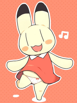 anthro black_ear_tips black_eyes blush blush_stickers bow_panties bow_underwear clothed clothed_anthro clothed_female clothing collared_dress dipstick_ears dotted_background dress ear_markings featureless_feet featureless_hands feet female female_anthro fur markings multicolored_ears musical_note musical_symbol open_:3 open_mouth open_smile orange_background outline panties pattern_background raised_clothing raised_dress red_clothing red_dress simple_background smile solo symbol underwear vertical_bar_eyes white_clothing white_outline white_panties white_underwear yellow_body yellow_ears yellow_fur rantan_chan animal_yokocho iyo lagomorph leporid mammal rabbit hi_res