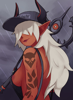 areola areola_slip arm_tattoo baseball_cap black_clothing black_horn black_overalls breasts clothing female hair hair_over_eyes hat headgear headwear horn humanoid_pointy_ears long_hair overalls pointy_ears red_areola red_body red_skin smile solo tattoo white_hair gummitonic epic_games fortnite desdemona_(fortnite) demon demon_humanoid horned_humanoid humanoid absurd_res hi_res