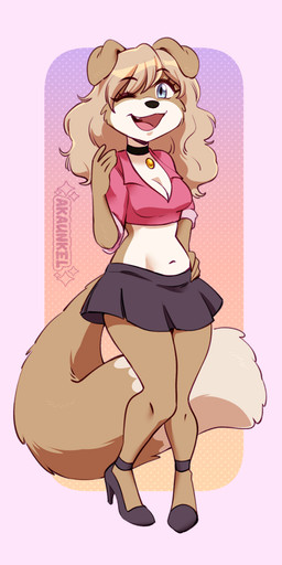 anthro blonde_hair bottomwear clothed clothing female footwear fur hair high_heels shoes skirt solo tail text topwear akaunkel barkpark_girls rati_(barkpark_girls) bird_dog canid canine canis domestic_dog golden_retriever hunting_dog mammal retriever 1:2 digital_media_(artwork) hi_res signature