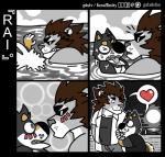5_fingers anthro base_two_layout black_border blush border brown_mane canid canine canis clenched_teeth clothed clothing comic cute_fangs day dialogue domestic_dog duo emanata eye_contact eyebrows eyewear felid fingers four_frame_grid four_frame_image front_view fully_clothed fur gab_(comic) gabshiba grid_layout heart_symbol jacket kuro_(gabshiba) larger_male lion looking_at_another looking_down looking_up love male male/male mammal mane open_clothing open_jacket open_topwear pantherine partially_colored partially_submerged pictographics rai_(gabshiba) regular_grid_layout shiba_inu shirt side_view size_difference sky smaller_male smile spitz sunglasses sunset t-shirt teeth topless topwear two_row_layout water wet wet_body wet_fur