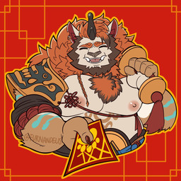 anthro armor barazoku belly fur horn male musclegut muscular nipples orange_body orange_fur pecs red_envelope smile solo tusks furnandeus asian_mythology chinese_mythology east_asian_mythology lunar_new_year mythology xxl_woofia suichong mythological_creature mythological_nian nian_(species) 1:1 hi_res