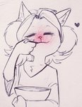 anthro bowl clothed clothing container eating eyes_closed female flat_chested food hair heart_symbol holding_object ill simple_background solo soup white_body unknown_artist undertale undertale_(series) temmie_(undertale) canid canine felid feline mammal tem hi_res