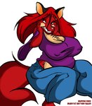 2009 anthro belly big_breasts bottomwear breasts canid canine clothing denim denim_bottomwear denim_clothing digital_media_(artwork) dutch_(artist) female fox fur hair jeans mammal markings mole_(marking) multicolored_body multicolored_fur nipple_outline overweight overweight_anthro overweight_female pants red_body red_fur red_hair ruby_(deonwolf) shirt solo teeth topwear two_tone_body two_tone_fur