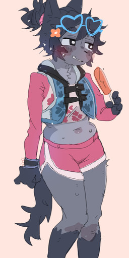 accessory anthro athletic_wear belly blush bodily_fluids bottomwear chest_tuft clothing eyewear flower flower_in_hair food glasses gym_bottomwear gym_shorts hair hair_accessory heart_glasses jacket plant popsicle shorts simple_background solo standing sweat sweaty_belly topwear tuft puppy_in_space mini_(puppy_in_space) canid canine canis domestic_dog mammal absurd_res hi_res