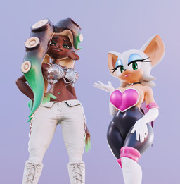 anthro armwear big_breasts big_ears bikini black_bodysuit black_clothing black_nose black_skinsuit blue_eyeshadow bodysuit boots bottomwear breasts brown_hair choker cleavage clothed clothing dark_body dark_skin duo elbow_gloves eyelashes eyeshadow female footwear front_view fur gloves green_eyes green_hair grey_background grey_bikini grey_clothing grey_swimwear hair hand_on_hip handwear horizontal_pupils humanoid_pointy_ears jewelry knee_boots knee_highs legwear lipstick long_hair looking_at_viewer makeup mole_under_mouth multicolored_hair navel navel_piercing necklace pants piercing pink_lipstick pointy_ears pseudo_hair pupils shoes silver_bikini simple_background skinsuit smile swimwear tan_body tan_fur tentacle_hair tentacles thick_thighs tight_clothing two-piece_swimsuit two_tone_hair white_body white_boots white_bottomwear white_clothing white_footwear white_fur white_gloves white_handwear white_pants wide_hips tsukirenders nintendo sega sonic_the_hedgehog_(series) splatoon marina_(splatoon) rouge_the_bat animal_humanoid bat cephalopod cephalopod_humanoid humanoid mammal marine marine_humanoid mollusk mollusk_humanoid octarian octoling octopus_humanoid 3d_(artwork) absurd_res digital_media_(artwork) hi_res