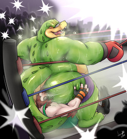 anthro audience big_butt bodily_fluids boxing_gloves butt clothing duo_focus fighting_ring green_body group handwear male overweight overweight_male silhouette stinkface sweat laught468 brok_the_investigator cowcat_games brok_(brok_the_investigator) alligator alligatorid crocodilian reptile scalie 2026 absurd_res hi_res