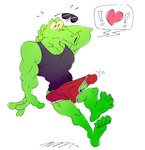 anthro barefoot biceps bottomwear clothing erection eyewear feet genitals humanoid_hands male muscular muscular_anthro muscular_male pants penis shirt simple_background solo sunglasses tank_top toes topwear timbits alligator alligatorid crocodilian reptile scalie