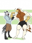 0rang3 abs anthro avian beak biceps big_muscles bird black_body black_fur blush bottomwear brown_body brown_fur clothed clothing duo feathers feeling_muscles feet flexing fur gryphon hoodie kemono malaysian male muscular mythological_avian mythological_creature mythology nazaire nipples owl pecs pose shorts simple_background smile standing talons toes topless topwear turz white_body white_fur