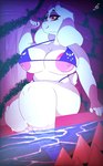 anthro areola big_breasts bikini breasts clothing delta_rune_(emblem) female fur huge_breasts moss nipples partially_submerged plant red_eyes solo spikes swimwear symbol symbol_on_clothing symbol_on_topwear thick_thighs two-piece_swimsuit water white_body white_fur princedragonsfw undertale undertale_(series) toriel boss_monster_(undertale) bovid caprine goat mammal hi_res