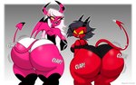 angry armwear ass_clapping bat_wings big_breasts big_butt black_clothing black_eyes black_horn black_legwear black_panties black_thigh_highs black_topwear black_underwear border breasts butt choker clothing dipstick_horn dipstick_tail duo eyelashes female grey_background grey_hair hair horn huge_butt jewelry legwear long_hair markings membrane_(anatomy) membranous_wings mole_(marking) mole_under_eye multicolored_horn necklace onomatopoeia open_mouth open_smile panties pink_hair pink_horn pink_wings rear_view simple_background smile sound_effects spade_tail tail tail_markings text thick_thighs thigh_highs topwear twerking underwear white_armwear white_border white_clothing white_panties white_underwear wide_hips wings yellow_sclera saputodraws helluva_boss millie_(helluva_boss) verosika_mayday demon demon_humanoid horned_humanoid humanoid imp succubus tailed_humanoid winged_humanoid hi_res