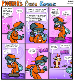 anthro blue_body blue_fur blue_hair breasts brown_hair brown_spots chef cigarette clothed clothed_anthro clothed_female clothing dialogue duo ear_piercing electronics eyewear female footwear fully_clothed fully_clothed_anthro fully_clothed_female fur glasses grey_clothing grey_footwear grey_shoes grumpy hair hat headgear headwear holding_object holding_phone janitor jumpsuit lighter long_ears manager name_tag orange_clothing orange_hat orange_headwear orange_jumpsuit phone phone_call piercing pink_nose shoes speech_bubble spots text text_box wearing_glasses yellow_body yellow_sclera anotherartboy pioneer's_pizza grudge_labunny gustava_collolungo giraffe giraffid lagomorph leporid mammal rabbit 2026 comic digital_media_(artwork) english_text hi_res