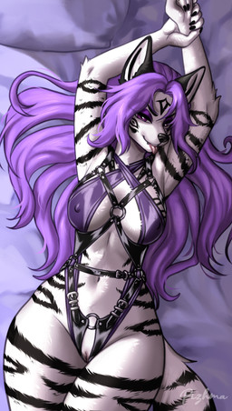 5_fingers anthro bed biped black_claws black_stripes breasts claws clothed clothed_anthro clothed_female clothing eyeshadow female finger_claws fingers fur furniture genitals hair harness inner_ear_fluff inside looking_at_viewer lying lying_on_bed makeup markings navel nipple_outline on_back on_bed pillow purple_eyes purple_hair smile solo striped_body striped_fur striped_markings striped_tail stripes tail tail_markings teeth tongue tongue_out tuft vulva white_body white_fur white_tail pizhma vel(wiciadorwolf) canid canine mammal 2026 digital_drawing_(artwork) digital_media_(artwork) hi_res