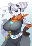 anthro big_breasts breasts clothing ear_piercing ear_ring female gloves handwear head_tuft kemono looking_at_viewer navel open_mouth piercing pose prosthetic prosthetic_arm prosthetic_limb ring_piercing scarf solo standing stripes tuft lemoco insomniac_games ratchet_and_clank sony_corporation sony_interactive_entertainment rivet_(ratchet_and_clank) lombax mammal hi_res