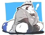 anthro belly big_belly blush clothed clothing exclamation_point kemono male overweight overweight_male sitting solo kumazawow torausimuma7 lifewonders live_a_hero shoen canid canine mammal raccoon_dog tanuki 2022