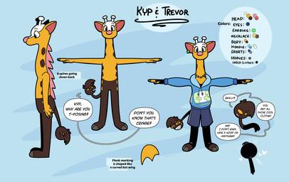 anthro antlers bottomwear brown_body brown_fur clothing dialogue ear_piercing ear_ring fingers fur heart_reaction heart_symbol hoodie hooved_fingers hooved_toes hooves horn jewelry living_tail necklace orange_sclera piercing pink_nose ring_piercing sharp_teeth shorts solo speech_bubble tail tail_head teeth text topwear unusual_anatomy unusual_tail yellow_body yellow_fur trevor-fox nintendo pokemon kyp_(character) trevor-fox_(character) generation_2_pokemon girafarig pokemon_(species) english_text hi_res model_sheet