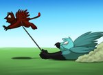 beak black_beak duo feathered_wings feathers feral flying green_body green_feathers leash leash_pull male red_body red_feathers wings young foxenawolf goldfur's_cogsverse mythology free_agent_(mlp) avian gryphon mythological_avian mythological_creature