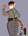 anthro big_butt butt clothing cuff_(restraint) duty_belt eyewear femboy glasses hair handcuffs law_enforcement male metal_cuffs police police_officer police_uniform rear_view red_hair restraints solo uniform victhetiger victor_alice_reed felid feline mammal pantherine tiger 4:5 absurd_res hi_res