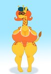 anthro beret big_breasts blush breasts cleavage clothed clothing eyewear female glasses hair hat headgear headwear huge_breasts long_neck looking_away one-piece_swimsuit orange_hair solo spots swimwear thick_thighs wide_hips yellow_body somescrub camp_lazlo cartoon_network nina_neckerly giraffe giraffid mammal 2021 absurd_res hi_res