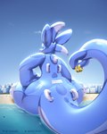 anthro beach big_butt big_tail blue_body butt city glistening glistening_body huge_butt huge_tail inflatable inflatable_transformation inflating inflation landscape_dwarfing latex macro sea seaside tail water elysianelly mythology arador_(aradortd) animate_inanimate aquatic_dragon dragon living_inflatable marine mythological_creature mythological_scalie scalie 4:5 absurd_res hi_res