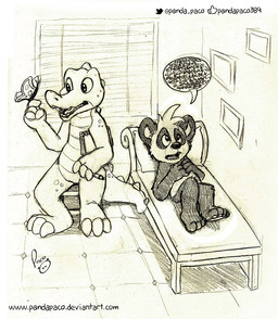 ambiguous_feral ambiguous_gender anthro feral glistening glistening_eyes group logo lying male male_anthro nude on_back open_mouth scales sitting text trio pandapaco parinton arthropod bear butterfly crocodile crocodilian giant_panda insect lepidopteran mammal reptile scalie artist_logo monochrome signature url