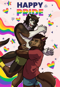 black_sclera duo green_eyes holding_another lgbt_pride male oliver_(oliverward) pride_colors yellow_eyes biscottopapa lgbt_pride_month mythology remus_torvik canid canine mammal mustelid mythological_canine mythological_creature otter sea_otter werecanid werecanine werecreature werewolf absurd_res hi_res