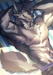 anthro bed black_body black_fur blue_eyes blue_markings blue_nails colored_nails fur furniture male markings muscular nails nipples resting solo yellow_eyes freezingsammy thunderrangers archermagnum canid canine canis mammal wolf absurd_res hi_res