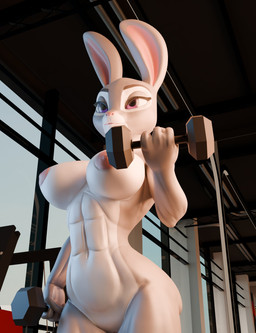 abs anthro athletic athletic_female biped dumbbell exercise female female_anthro genitals gym lifting muscular muscular_female nude nude_female solo standing vulva weights workout miss_yelp miss_yelp_(modeler) disney zootopia judy_hopps european_rabbit lagomorph leporid mammal oryctolagus rabbit 3d_(artwork) absurd_res digital_media_(artwork) hi_res
