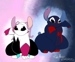 4_fingers antennae_(anatomy) antennae_markings anthro biped black_eyes blue_body clothed clothed_anthro clothed_female clothed_male clothing cosplay crossover_cosplay crouching duo female fingers footwear fully_clothed fully_clothed_anthro fully_clothed_female fully_clothed_male male markings notched_ear pink_body purple_markings shoes simple_background slightly_chubby slightly_chubby_anthro slightly_chubby_male sneakers superhero_costume thick_thighs chonkymouse disney lilo_and_stitch marvel spider-man_(series) angel_(lilo_and_stitch) spider-gwen spider-man_(character) stitch_(lilo_and_stitch) alien experiment_(lilo_and_stitch) 2025 crossover dated digital_drawing_(artwork) digital_media_(artwork) hi_res signature