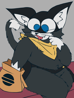 anthro belly_tuft belt black_body black_fur black_nose blue_eyes bodily_fluids burger clothing drooling fangs fluffy food fur hankerchief hungry kerchief male markings mask paper_bag reaching_for_object saliva shortstack sitting smile solo tail tail_markings teeth tuft utility_belt whiskers white_body white_fur yellow_clothing justwatchingthings atlus fattytober megami_tensei persona_(series) persona_5 sega morgana_(persona) domestic_cat felid feline felis mammal tuxedo_cat 3:4 hi_res