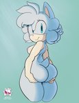 anthro big_butt blue_eyes breasts butt cyan_background female fur gradient_background holding_butt looking_at_viewer looking_back nipples nude simple_background smile solo text white_body white_fur argento countmoxi sega sonic_the_hedgehog_(series) fan_character sophie_(argento) eulipotyphlan hedgehog mammal hi_res signature