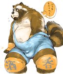 anthro belly brown_body brown_fur bulge fur humanoid_hands kemono male moobs nipples overweight overweight_anthro overweight_male simple_background solo text white_background wrestling_singlet nekomarudon tanukimaru canid canine mammal raccoon_dog tanuki 2008 japanese_text