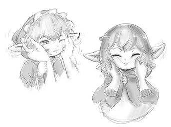 clothed clothing disembodied_hand duo ear_twitch ear_wag eyes_closed face_squish female hair hand_on_cheek happy holding_face holding_wrist hood humanoid_pointy_ears one_eye_closed open_mouth open_smile petting pointy_ears robe rubbing_cheek short_hair smile solo_focus squish bitumi cygames granblue_fantasy goblin_mage_(granblue_fantasy) goblin humanoid 2020 digital_media_(artwork) greyscale hi_res monochrome