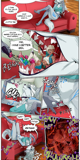 anthro anthro_pred aroused black_choker black_jewelry black_necklace bodily_fluids breasts choker clitoris crop_top_only detailed_background digestion digestion_noises duo extreme_size_difference feet female female_pred female_prey fur furniture genital_fluids genitals green_eyes grey_body grey_fur hair human_prey improvised_sex_toy improvised_vibrator inside internal jewelry larger_anthro larger_female larger_pred looking_pleasured lying macro masturbation micro navel neck_bulge necklace on_back on_sofa open_mouth oral_vore organs saliva saliva_string sharp_teeth size_difference smaller_female smaller_human sofa sound_effects speech_bubble stomach stomach_acid swallowing talking_to_another teeth text toes unwilling_prey vaginal_fluids vore vulva white_hair tsavo peppermint_(hi-fi_rush) canid canine fox grey_fox human mammal urocyon absurd_res comic digital_media_(artwork) english_text hi_res