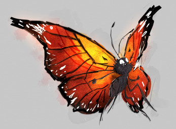 2_antennae 4_legs ambiguous_gender antennae_(anatomy) arthropod_abdomen black_antennae crown eyespots flying grey_background grey_body headgear insect_wings lepidopteran_wings markings monotone_background multicolored_wings orange_wings quadruped ruff simple_background solo spread_wings teeth wings gretelandcat disney hoppers_(disney) pixar titus_(hoppers) arthropod butterfly insect lepidopteran monarch_butterfly taur 2026 absurd_res digital_media_(artwork) hi_res