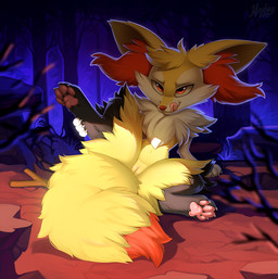 anthro claws detailed_background female fluffy fluffy_tail forest fur genitals licking licking_lips licking_own_lips outside pawpads paws plant presenting presenting_vulva self_lick solo spread_legs spreading tail tongue tongue_out tree vulva hioshiru nintendo pokemon braixen generation_6_pokemon pokemon_(species) 2019 digital_media_(artwork) hi_res