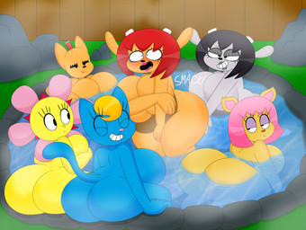 2_horns 5_fingers anthro big_breasts big_butt black_eyes black_hair blonde_hair blue_body blue_fur blush blush_lines bob_cut breast_squish breasts brown_body brown_fur bubble_butt butt butt_slap butt_smack cleavage clothed clothing covering covering_breasts covering_crotch curvy_figure detailed_background dynamite explosives exposed_breasts eyelashes eyes_closed eyeshadow female fence fingers flower fur grass grey_body grey_fur grey_lipstick group hair horn hot_spring hourglass_figure huge_breasts huge_butt huge_hips huge_thighs lipstick long_tail looking_back makeup mostly_submerged motion_lines nude nude_anthro nude_female nude_humanoid onomatopoeia open_mouth outside partially_submerged petals pink_hair pink_lipstick plant purple_eyeshadow red_eyes red_hair rock short_hair slap smile sound_effects spa spanking squish tail tasteful_nudity teeth text thick_thighs voluptuous voluptuous_anthro voluptuous_female voluptuous_humanoid water wide_hipped_anthro wide_hipped_female wide_hipped_humanoid wide_hips yellow_body yellow_fur yellow_skin 3barts parappa_the_rapper sony_corporation sony_interactive_entertainment um_jammer_lammy katy_kat lammy_lamb ma-san paula_fox rammy_lamb sunny_funny bovid canid canine caprine domestic_cat elemental_creature elemental_humanoid felid feline felis flora_fauna flower_creature flower_humanoid fox humanoid mammal mouse murid murine plant_humanoid rodent sheep 2025 absurd_res digital_drawing_(artwork) digital_media_(artwork) english_text hi_res