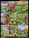 2021 3_toes 4_fingers anthro apatosaurus blue_eyes blush comic dinosaur diplodocid don_bluth ducky_(the_land_before_time) duo english_text eyes_closed feet female feral fingers green_body green_eyes hadrosaurid hi_res kitsune_youkai littlefoot male multicolored_body open_mouth ornithischian ornithopod reptile saurolophus sauropod sauropodomorph scalie speech_bubble tail tan_body text the_land_before_time toes tongue two_tone_body valley young young_anthro young_feral